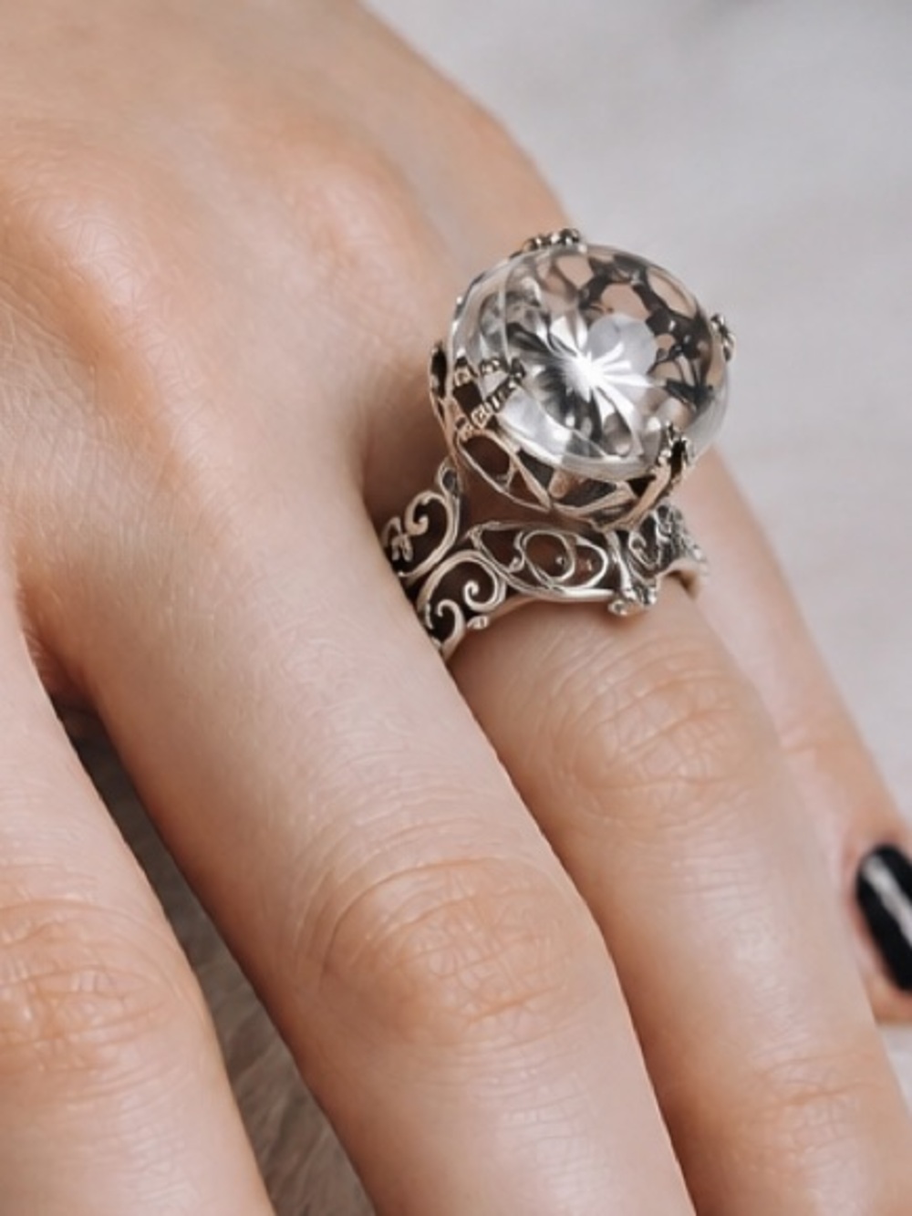 Sterling Filigree Clear Crystal Statement Ring - 925 Silver